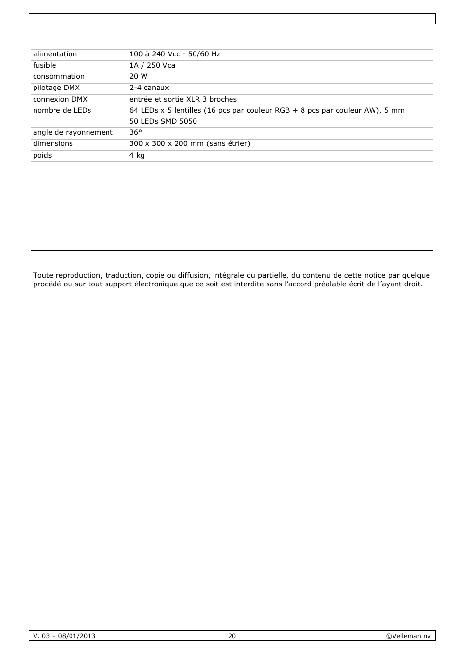 Spécifications techniques | Velleman VDPL300SD User Manual | Page 20 / 34