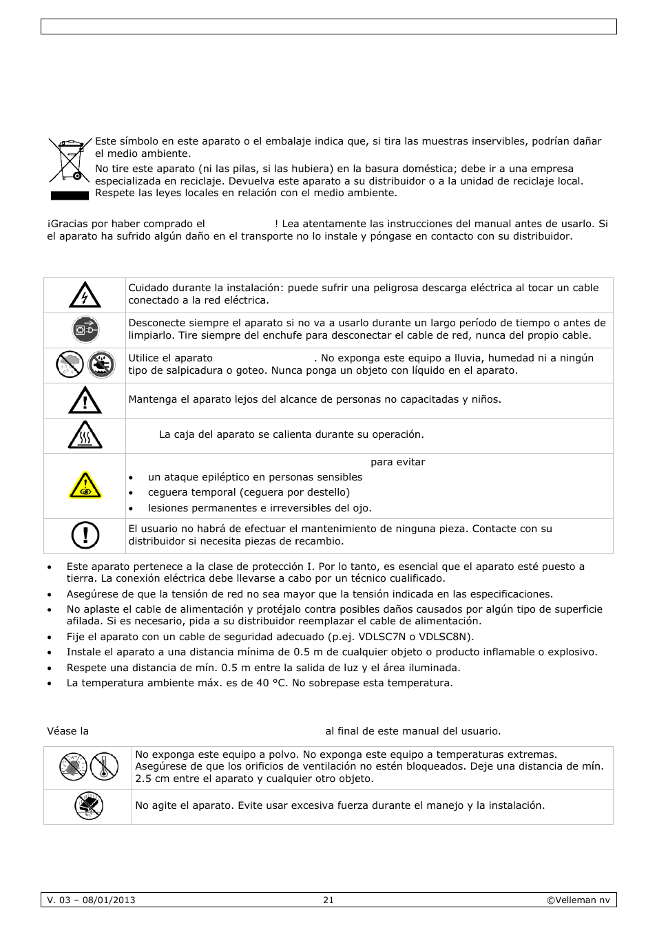 Manual del usuario, Anual, L del u | Usuar, Intro, Instr, Norm, Oducción, Ruccione, Mas gene | Velleman VDPL300SD User Manual | Page 21 / 34