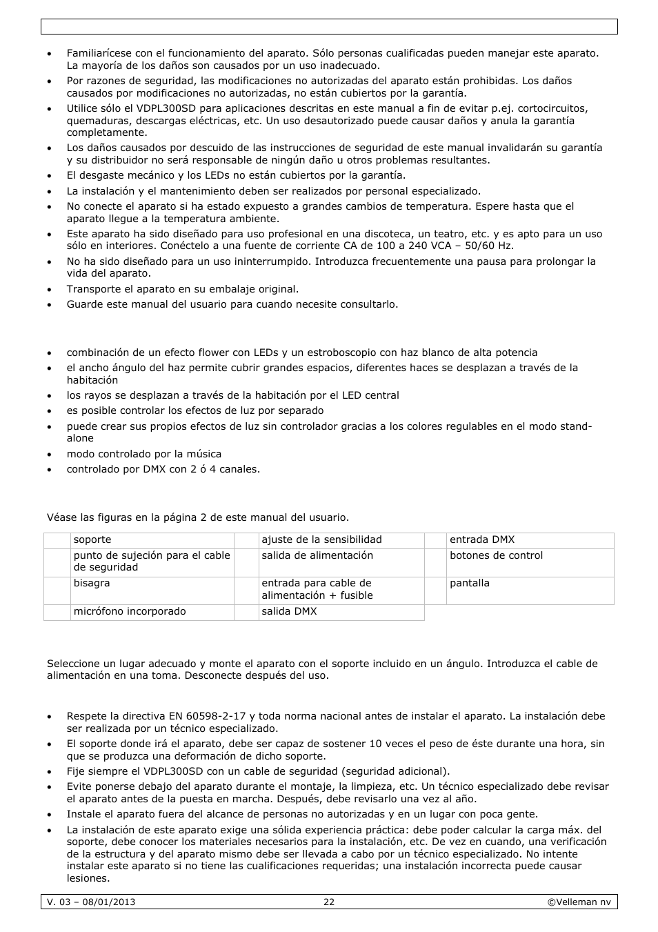 Características, Descripción, Instalación | Velleman VDPL300SD User Manual | Page 22 / 34