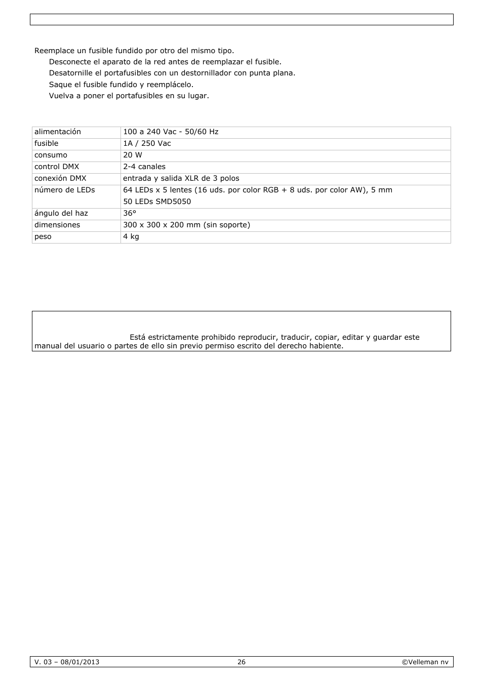 Especificaciones | Velleman VDPL300SD User Manual | Page 26 / 34
