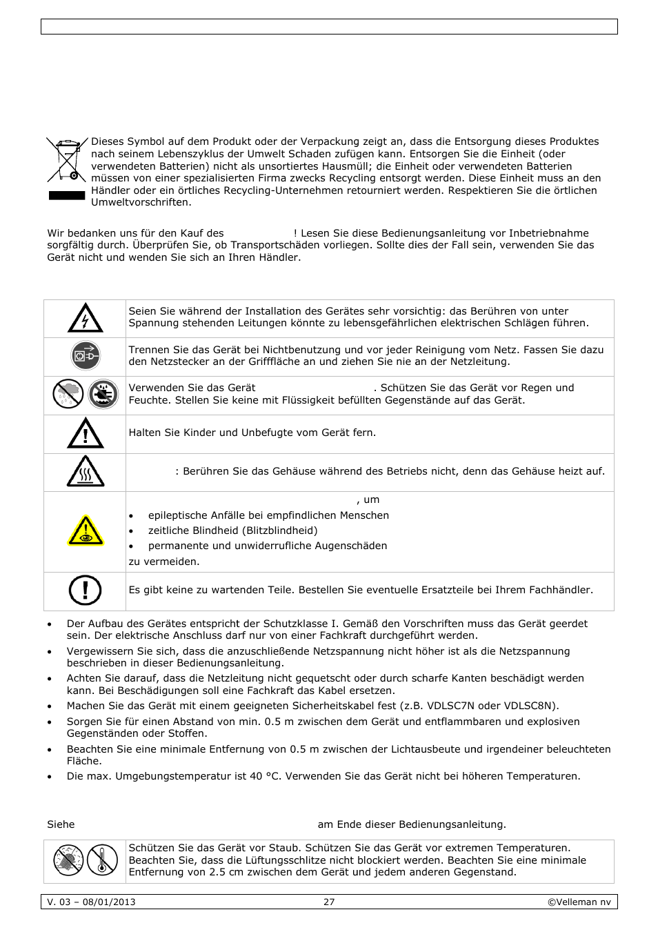 Bedienungsanleitung, Dienun, Ngsan | Nleitu, Einfü, Siche, Allge, Ührung, Erheitsh, Emeine r | Velleman VDPL300SD User Manual | Page 27 / 34