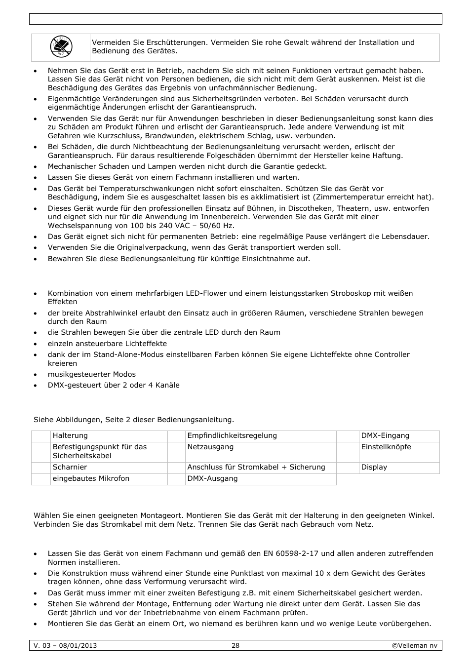 Eigenschaften, Umschreibung, Installation | Velleman VDPL300SD User Manual | Page 28 / 34