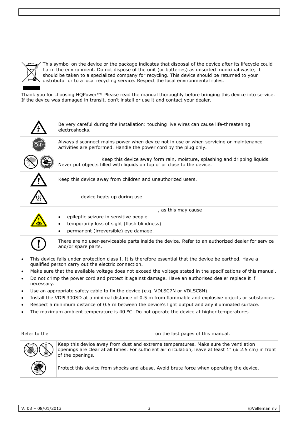 User manual, R man, Nual | Intro, Safet, Gene, Oduction, Ty instru, Eral guid, Uctions | Velleman VDPL300SD User Manual | Page 3 / 34