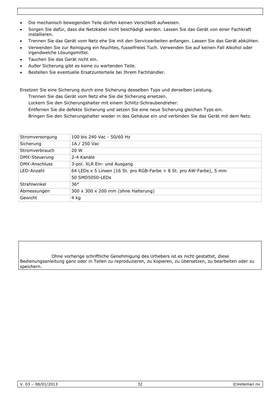 Technische daten | Velleman VDPL300SD User Manual | Page 32 / 34