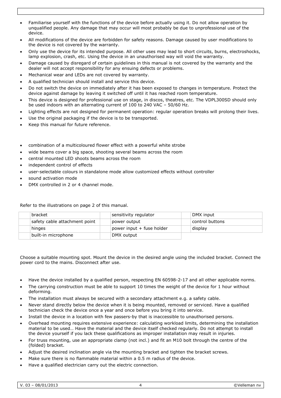 Features, Overview, Installation | Velleman VDPL300SD User Manual | Page 4 / 34
