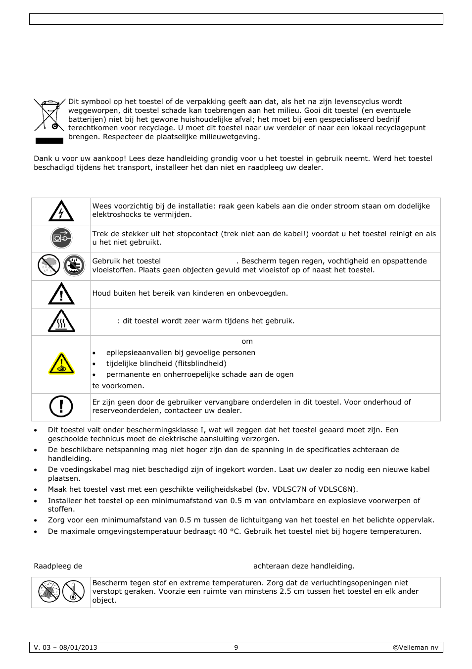 Gebruikershandleiding, Gebr, Ruiker | Rshan, Ndleid, Inlei, Veilig, Algem, Ding, Gheidsin | Velleman VDPL300SD User Manual | Page 9 / 34