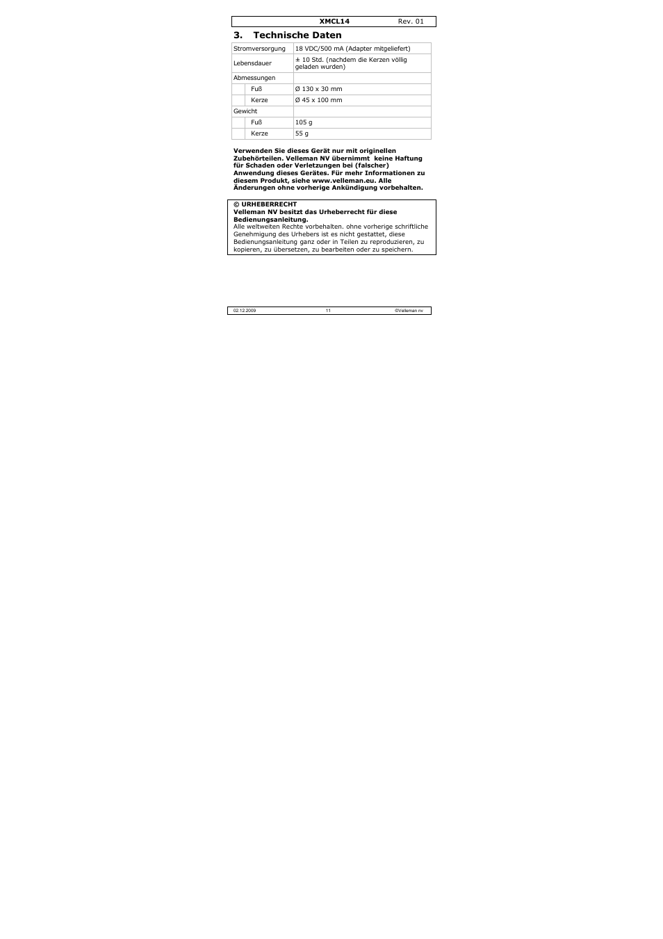 Technische daten | Velleman XMCL14 User Manual | Page 11 / 16