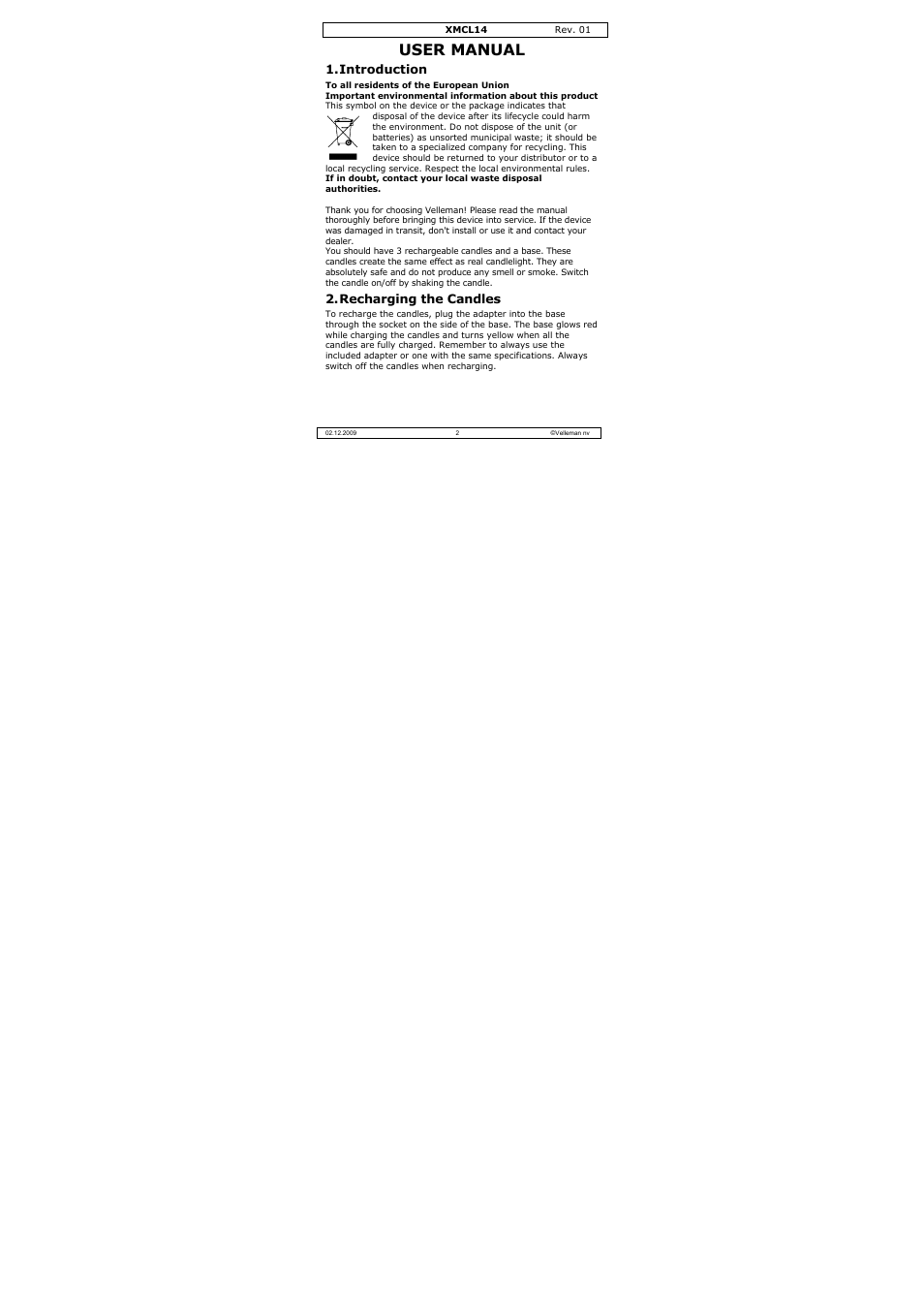 User manual | Velleman XMCL14 User Manual | Page 2 / 16