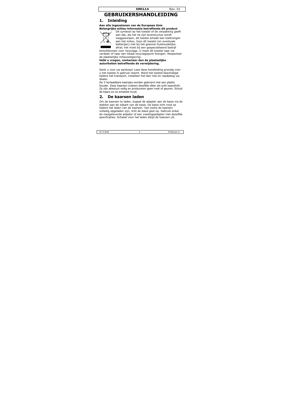 Gebruikershandleiding, Inleiding, De kaarsen laden | Velleman XMCL14 User Manual | Page 4 / 16
