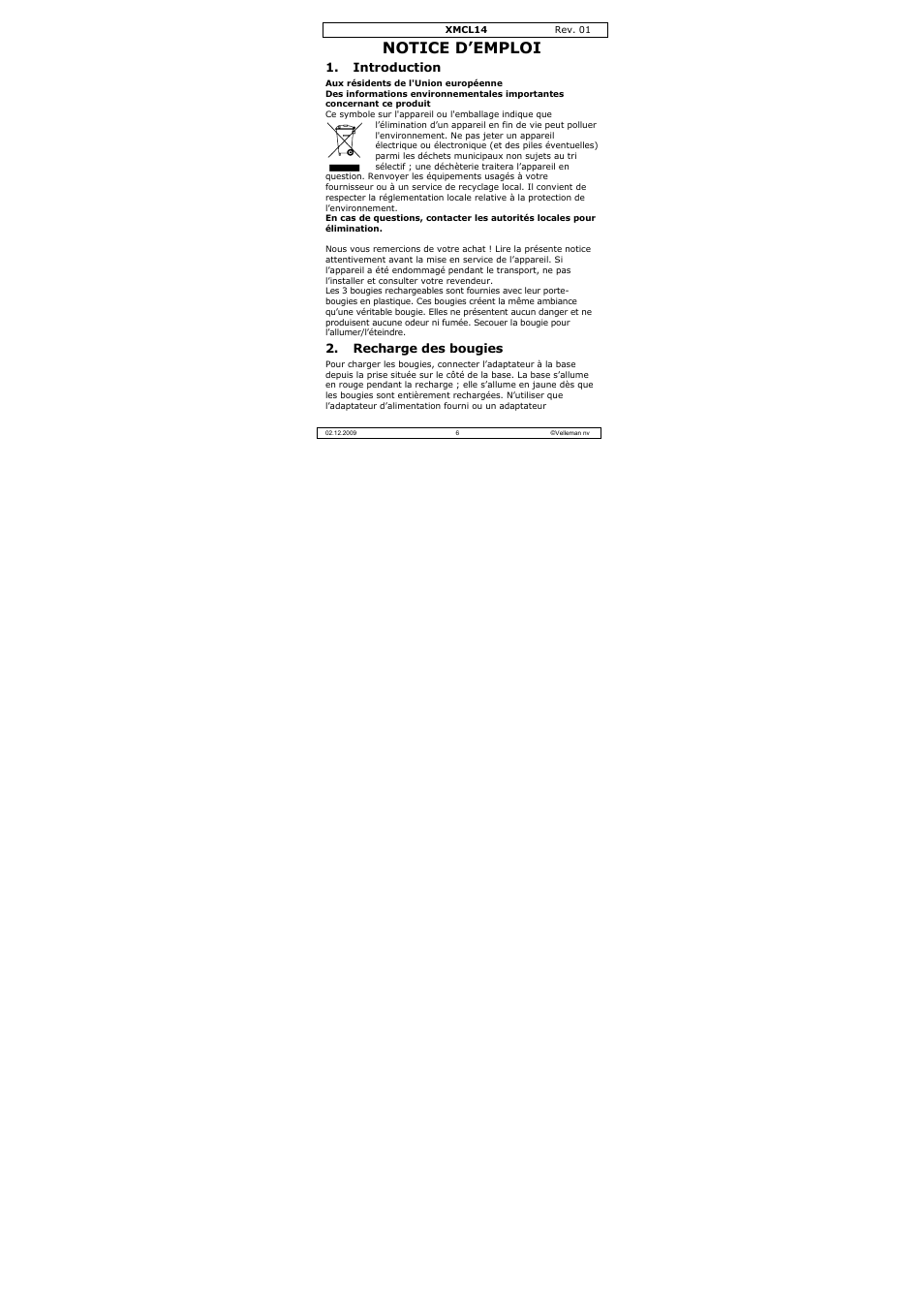 Notice d’emploi, Introduction, Recharge des bougies | Velleman XMCL14 User Manual | Page 6 / 16