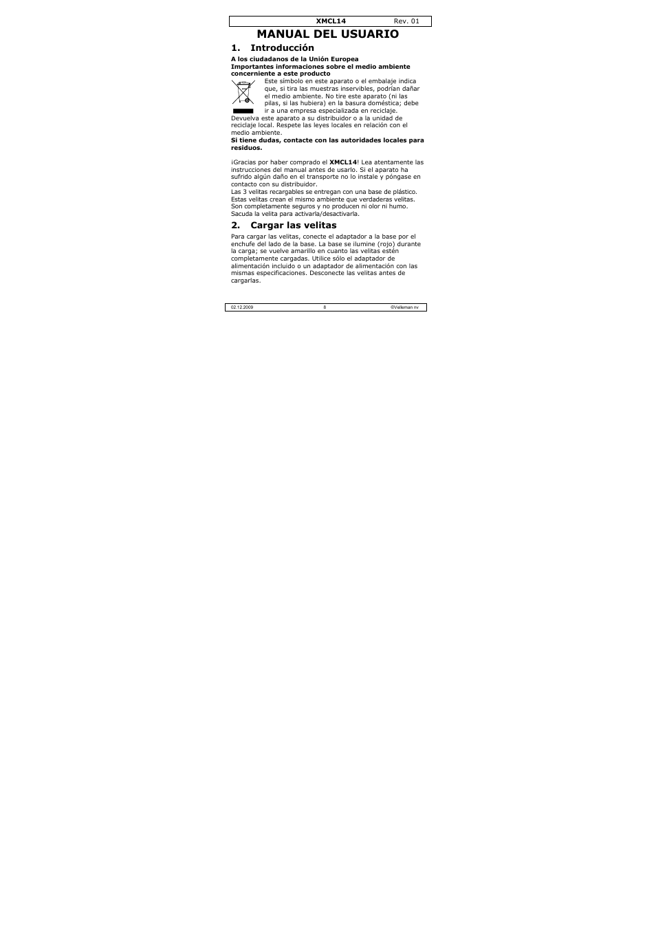 Manual del usuario, Introducción, Cargar las velitas | Velleman XMCL14 User Manual | Page 8 / 16