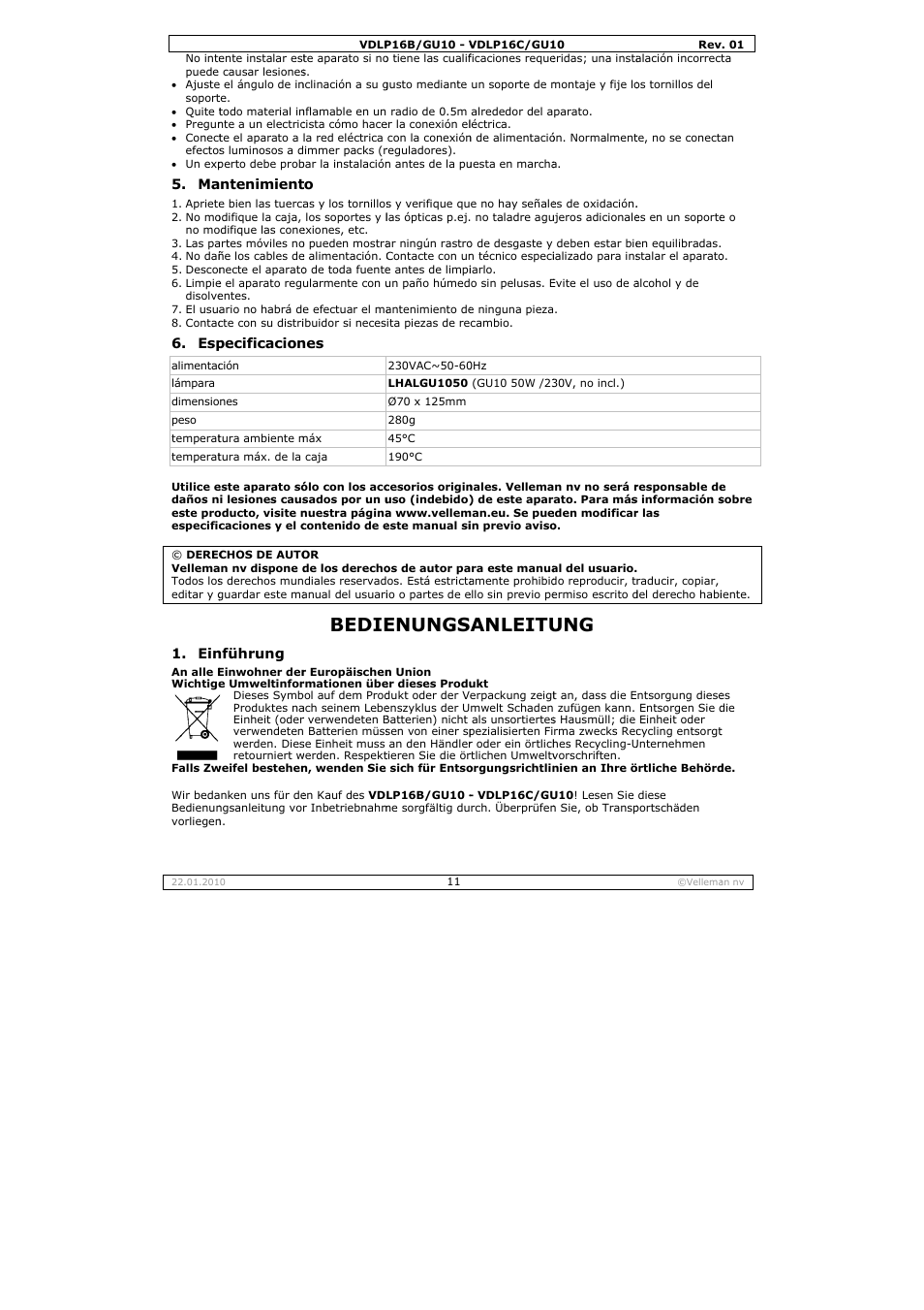 Bedie, Enungs, Anleitu | Velleman VDLP16B-GU10 User Manual | Page 11 / 16