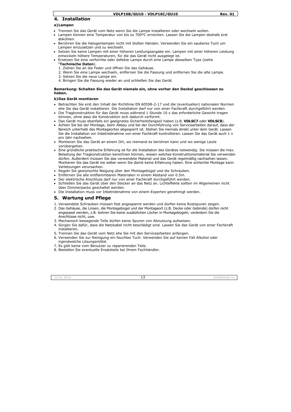 Velleman VDLP16B-GU10 User Manual | Page 13 / 16