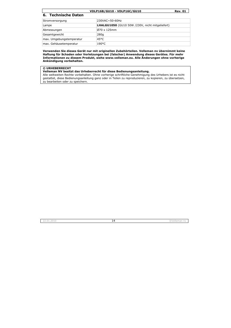 Velleman VDLP16B-GU10 User Manual | Page 14 / 16