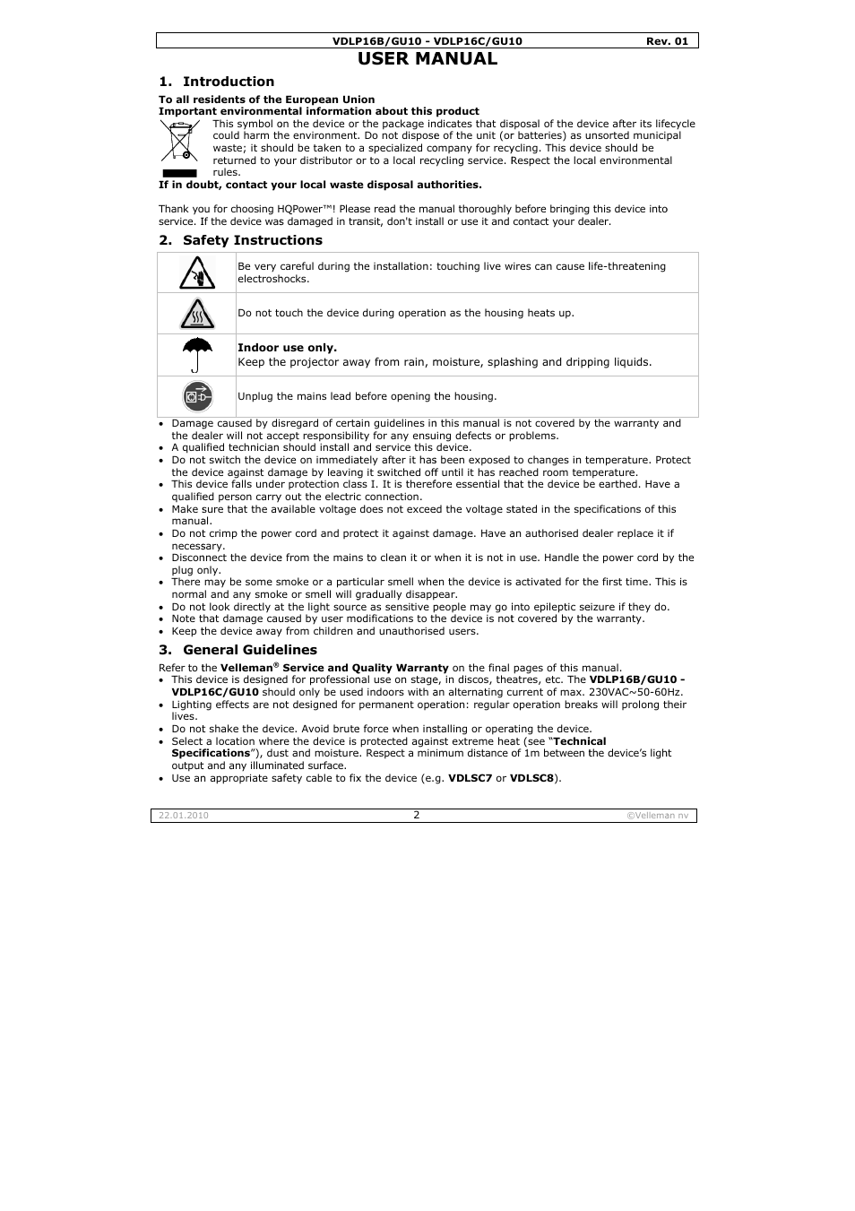 User ma, Anual | Velleman VDLP16B-GU10 User Manual | Page 2 / 16