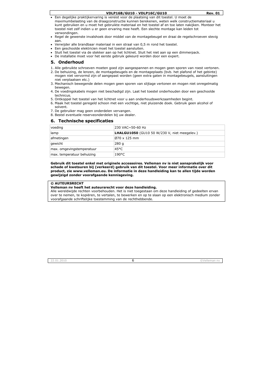 Velleman VDLP16B-GU10 User Manual | Page 6 / 16