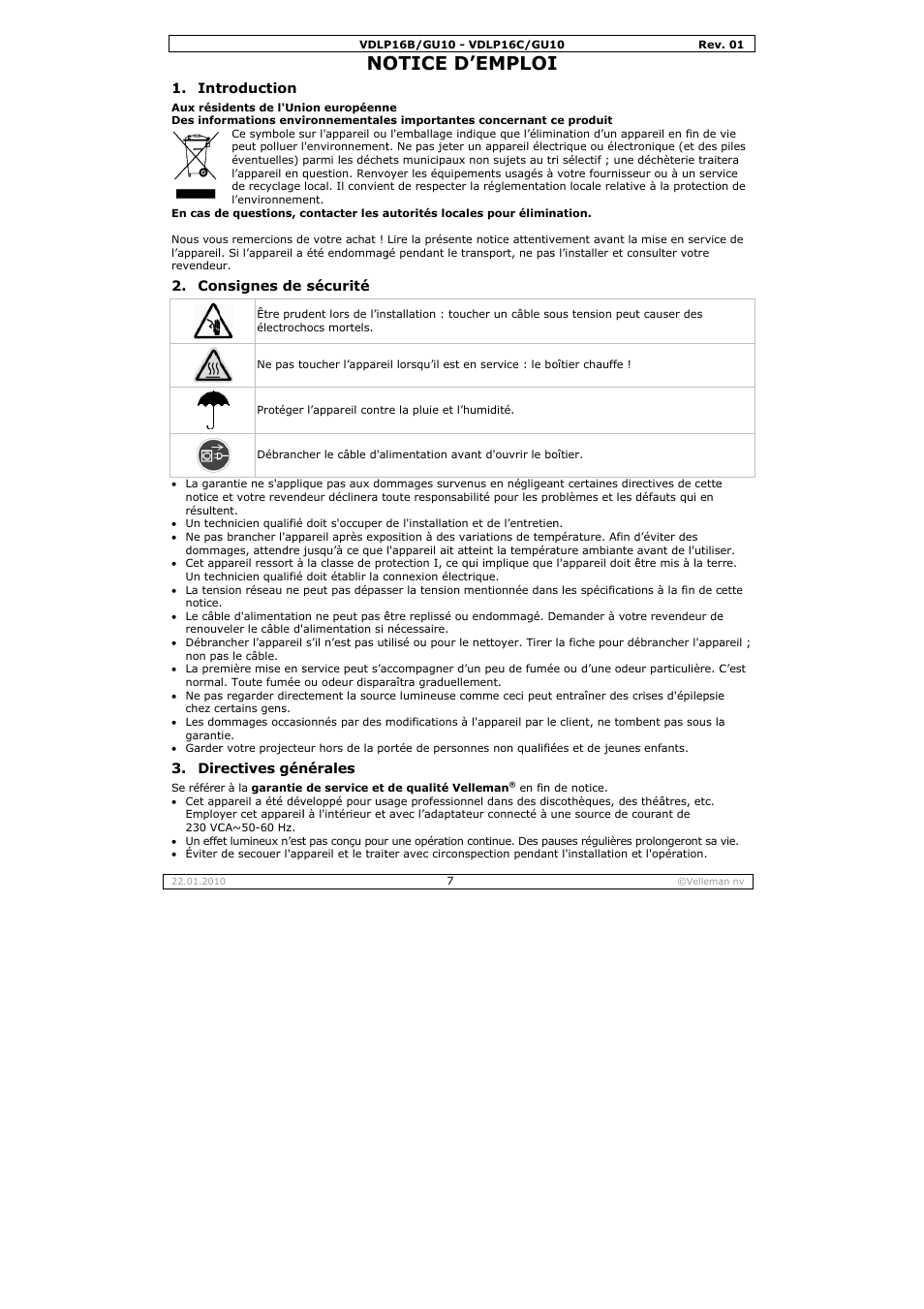 Otice d, Emploi | Velleman VDLP16B-GU10 User Manual | Page 7 / 16