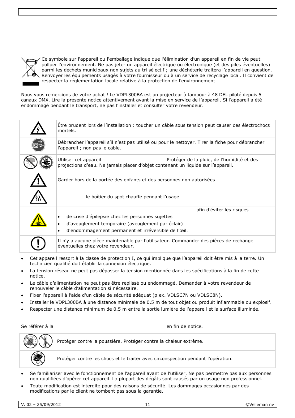 Mode d'emploi, Mode, E d’em | Mploi, Intro, Cons, Direc, Oduction, Signes de, Ctives gé | Velleman VDPL300BA User Manual | Page 11 / 24