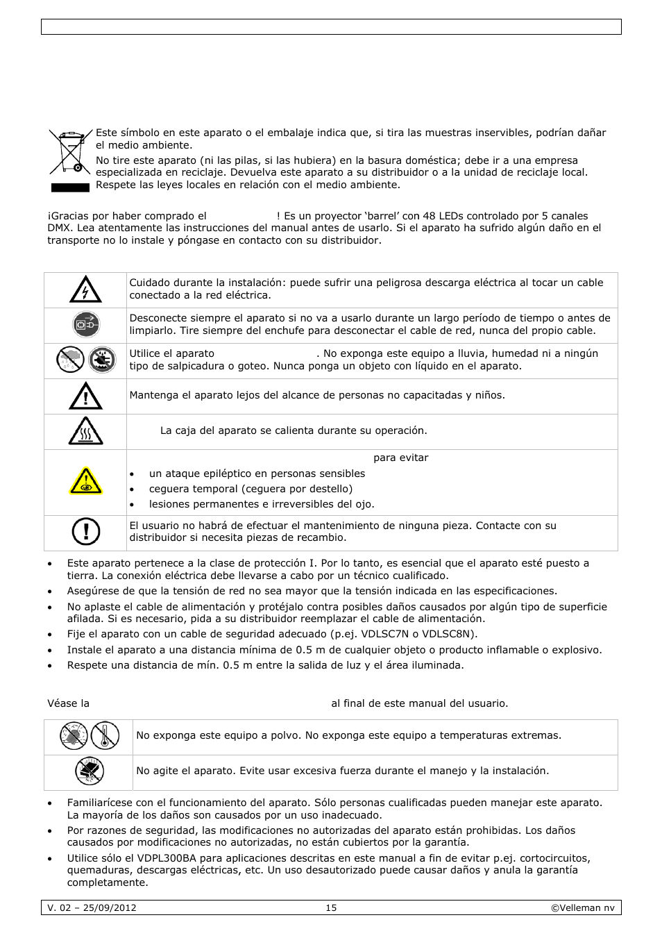 Manual del usuario, Anual, L del u | Usuar, Intro, Instr, Norm, Oducción, Ruccione, Mas gene | Velleman VDPL300BA User Manual | Page 15 / 24