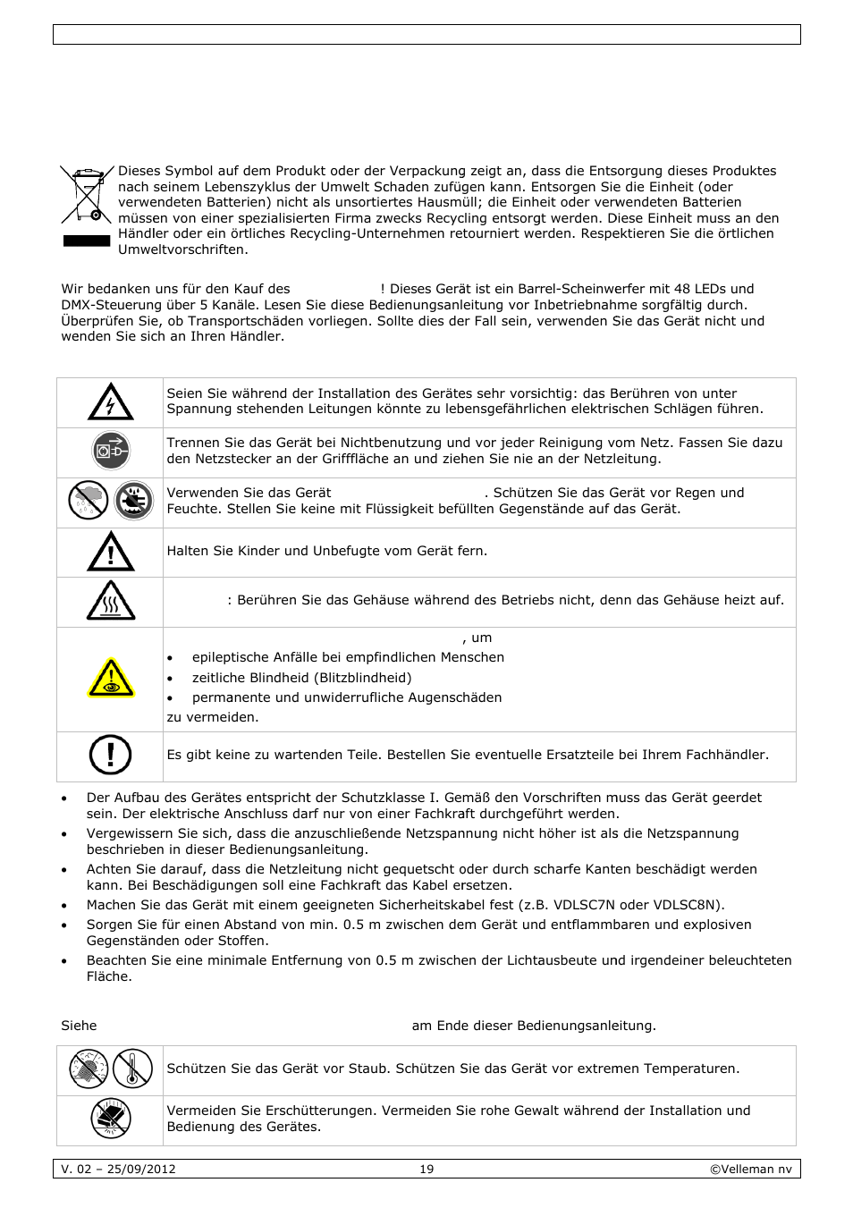Bedienungsanleitung, Dienun, Ngsan | Nleitu, Einfü, Siche, Allge, Ührung, Erheitsh, Emeine r | Velleman VDPL300BA User Manual | Page 19 / 24