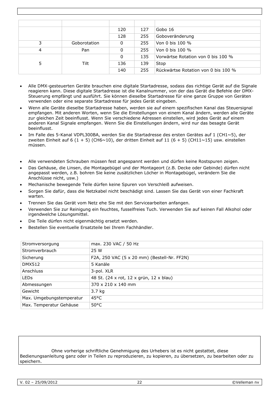 Reinigung und wartung, Technische daten | Velleman VDPL300BA User Manual | Page 22 / 24