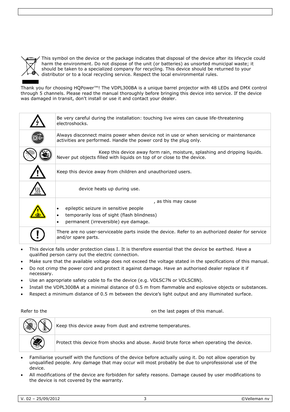User manual, R man, Nual | Intro, Safet, Gene, Oduction, Ty instru, Eral guid, Uctions | Velleman VDPL300BA User Manual | Page 3 / 24