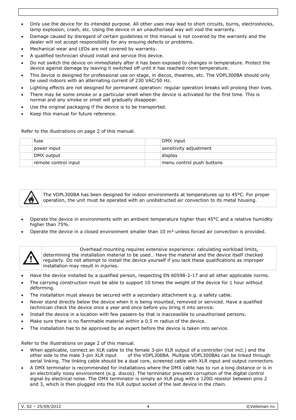 Over, Moun, Rview | Nting ins, Struction | Velleman VDPL300BA User Manual | Page 4 / 24