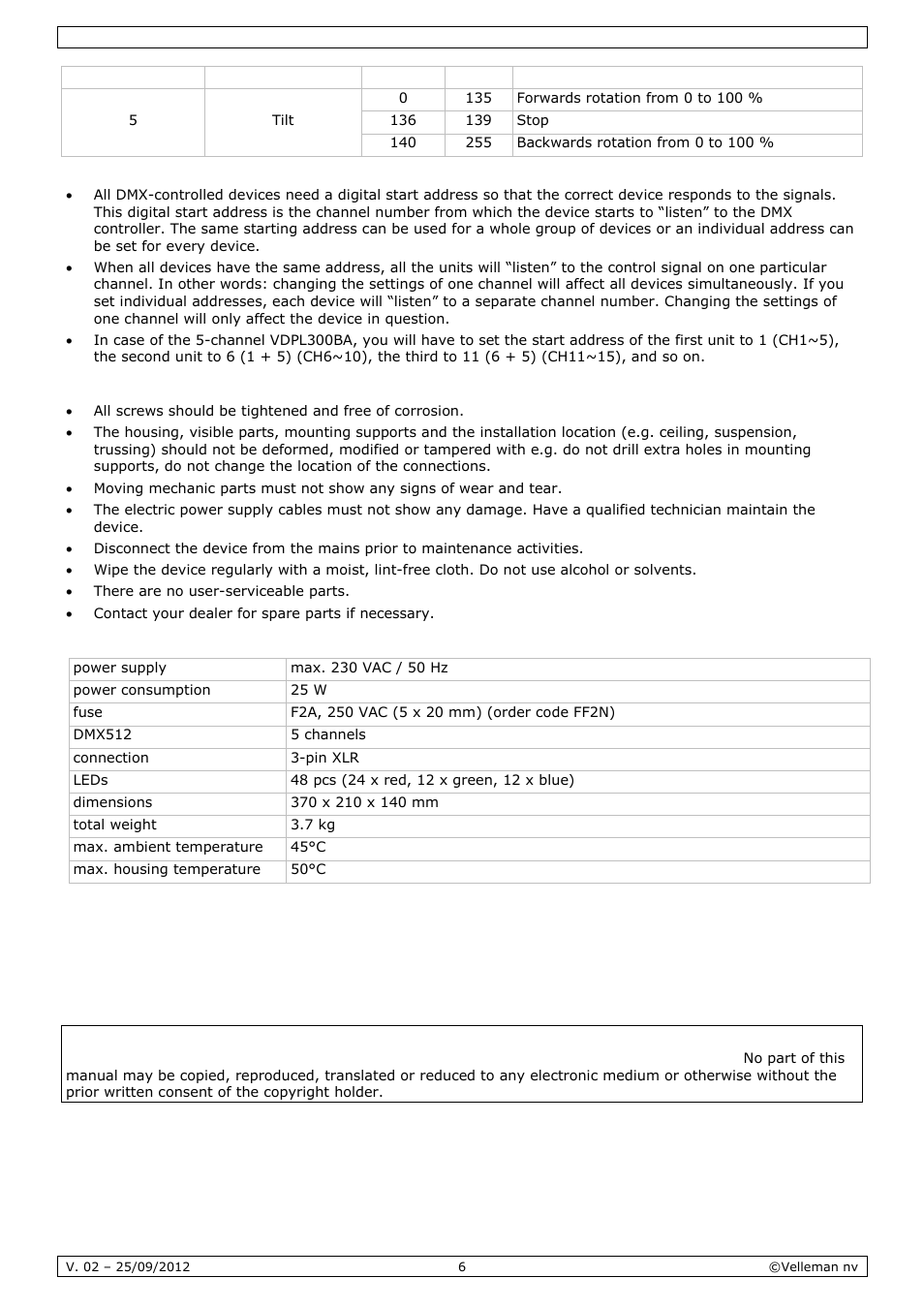 Cleaning and maintenance, Technical specifications | Velleman VDPL300BA User Manual | Page 6 / 24