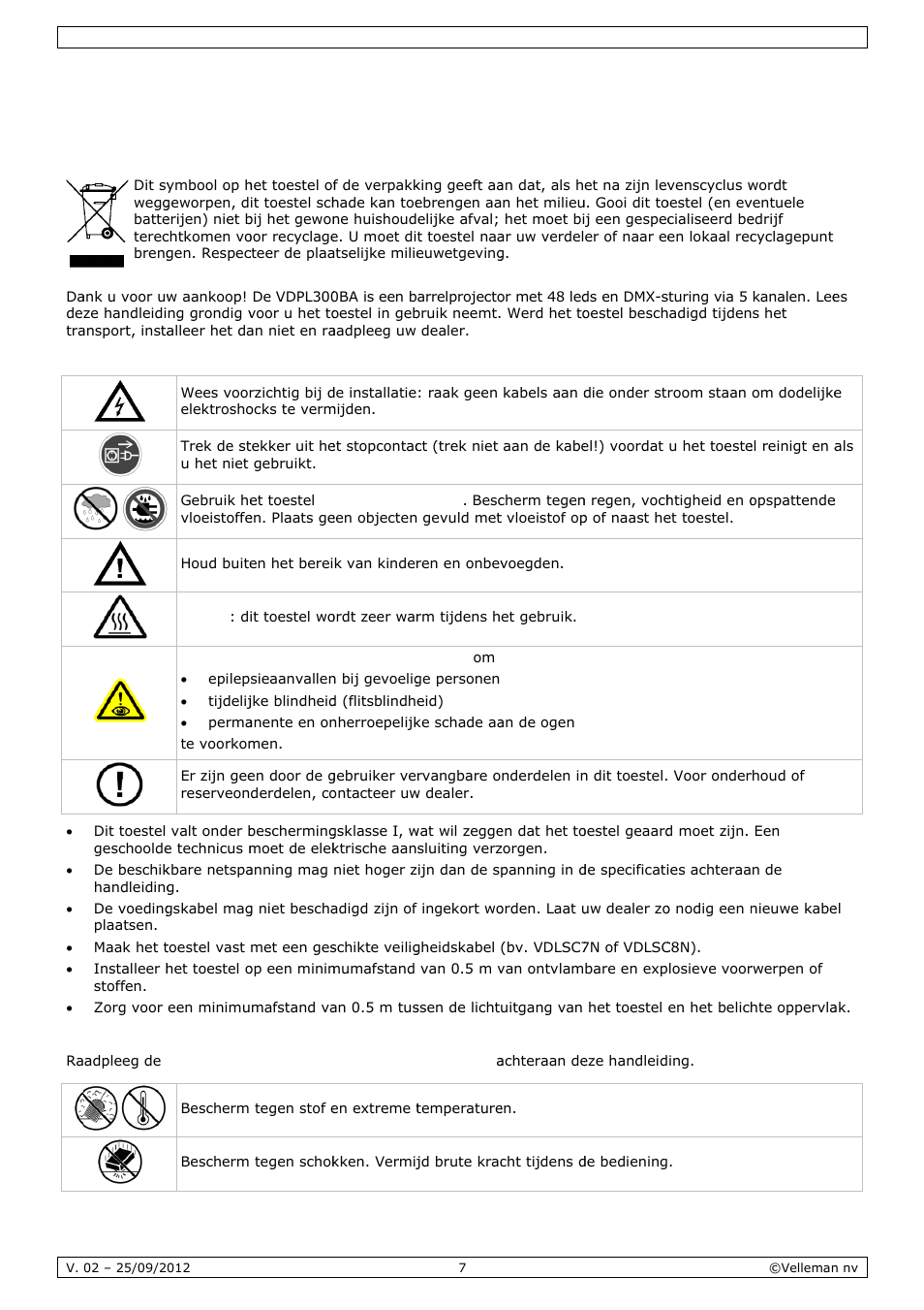 Gebruikershandleiding, Gebr, Ruiker | Rshan, Ndleid, Inlei, Veilig, Algem, Ding, Gheidsin | Velleman VDPL300BA User Manual | Page 7 / 24