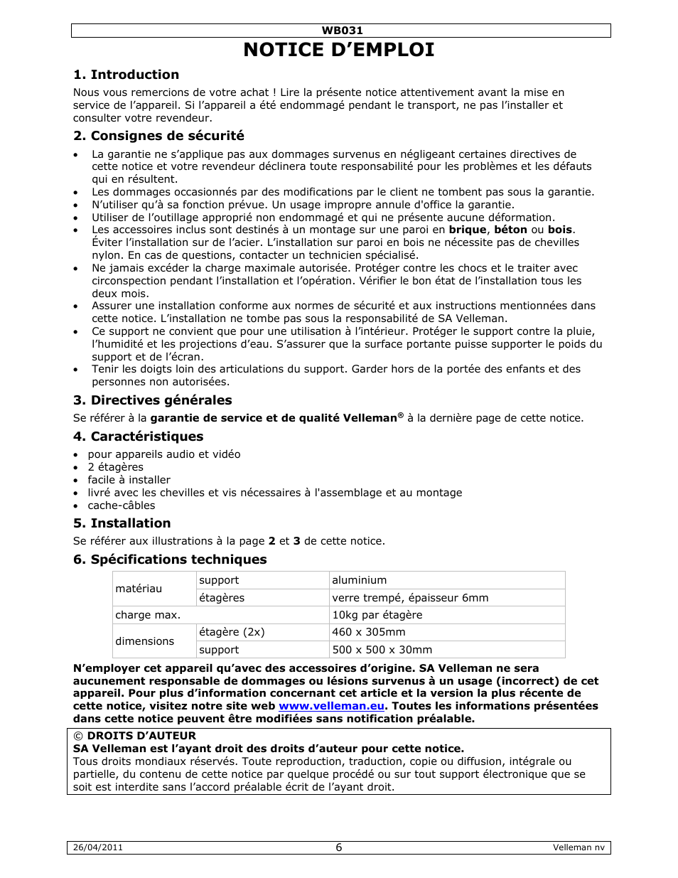 Notice d'emploi, Notice d’emploi | Velleman WB031 User Manual | Page 6 / 11