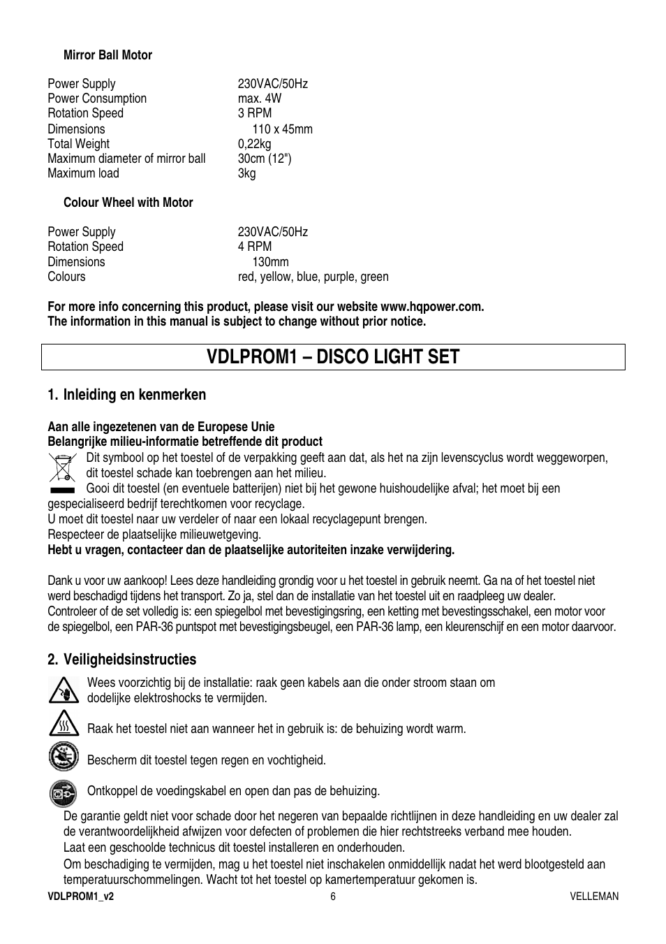 Vdlprom1 – disco light set | Velleman VDLPROM1 User Manual | Page 6 / 20