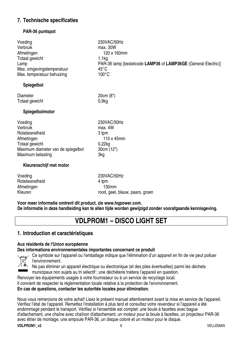 Vdlprom1 – disco light set | Velleman VDLPROM1 User Manual | Page 9 / 20