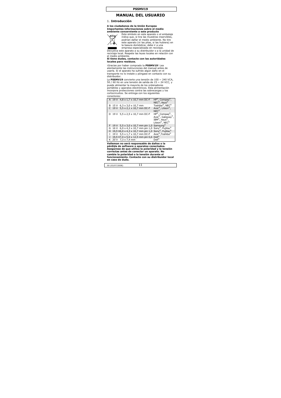 Manual del usuario | Velleman PSSMV19 User Manual | Page 11 / 16
