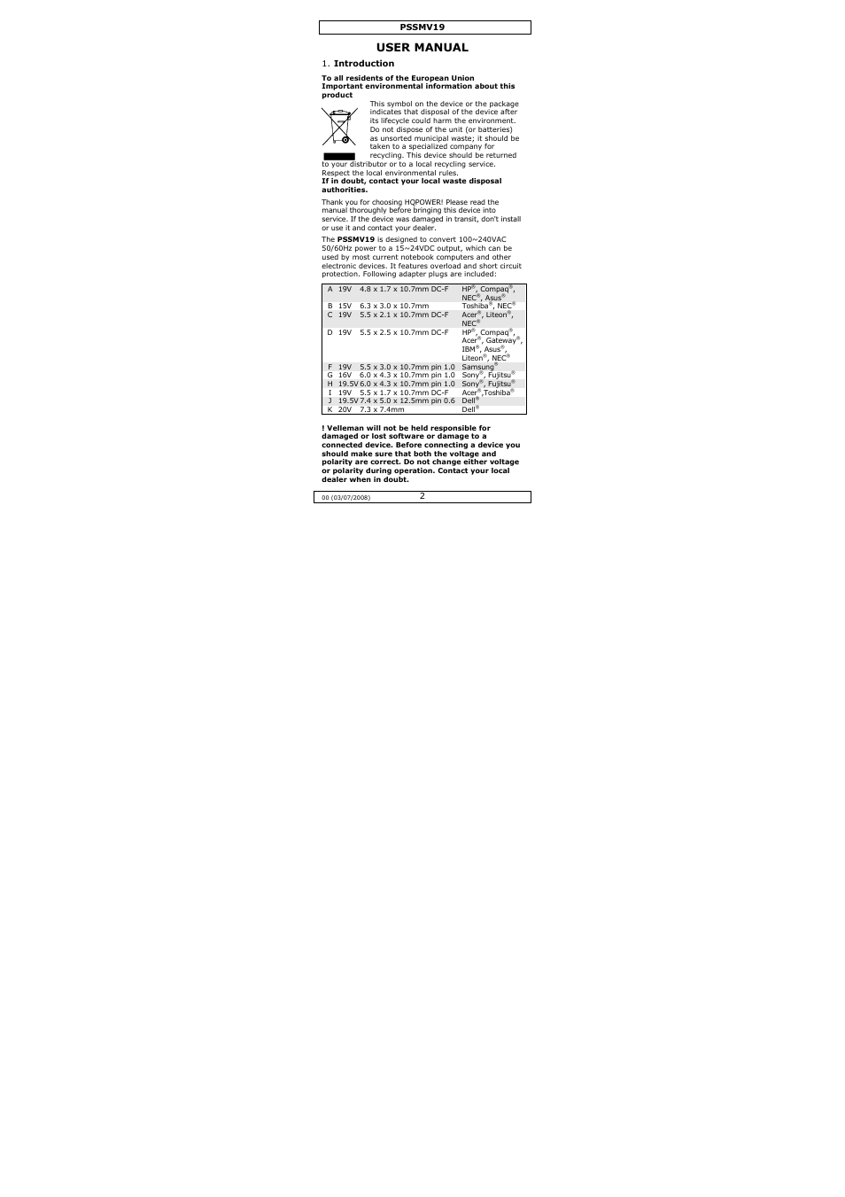 User manual | Velleman PSSMV19 User Manual | Page 2 / 16