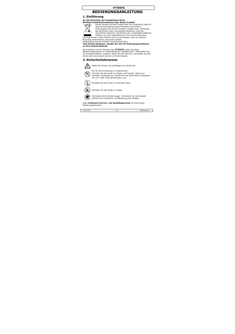 Dienungs, Sanleitun, Einführ | Sicherh, Rung, Heitshinweise | Velleman VTTEST8 User Manual | Page 10 / 25