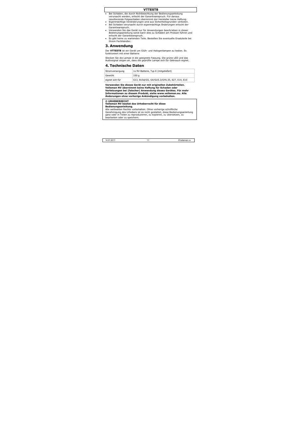 Anwendung, Technische daten | Velleman VTTEST8 User Manual | Page 11 / 25