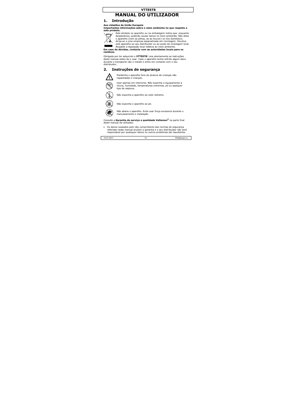 Anual do u, Utilizado, Intro | Instr, Odução, Uções de segu, Urança | Velleman VTTEST8 User Manual | Page 12 / 25