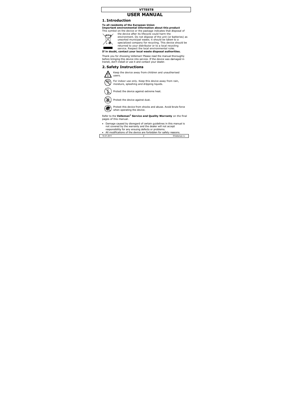 User ma, Anual, Introdu | Safety, Uction, Instructions | Velleman VTTEST8 User Manual | Page 2 / 25