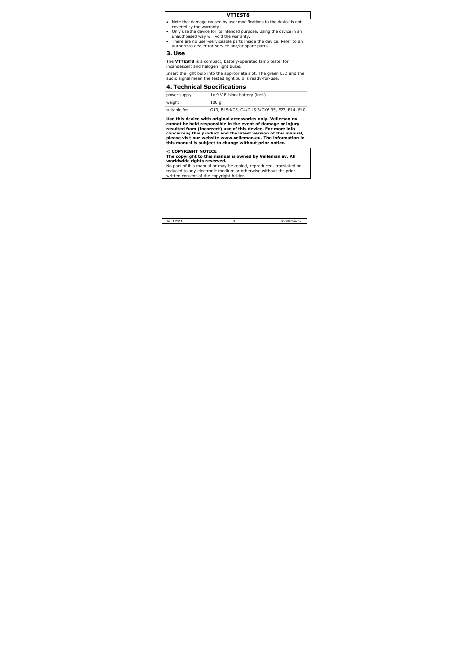 Technical specifications | Velleman VTTEST8 User Manual | Page 3 / 25