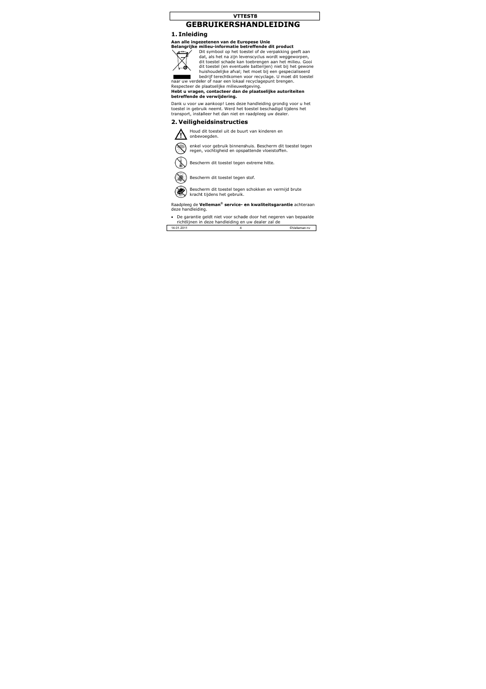 Bruikersh, Handleidin | Velleman VTTEST8 User Manual | Page 4 / 25