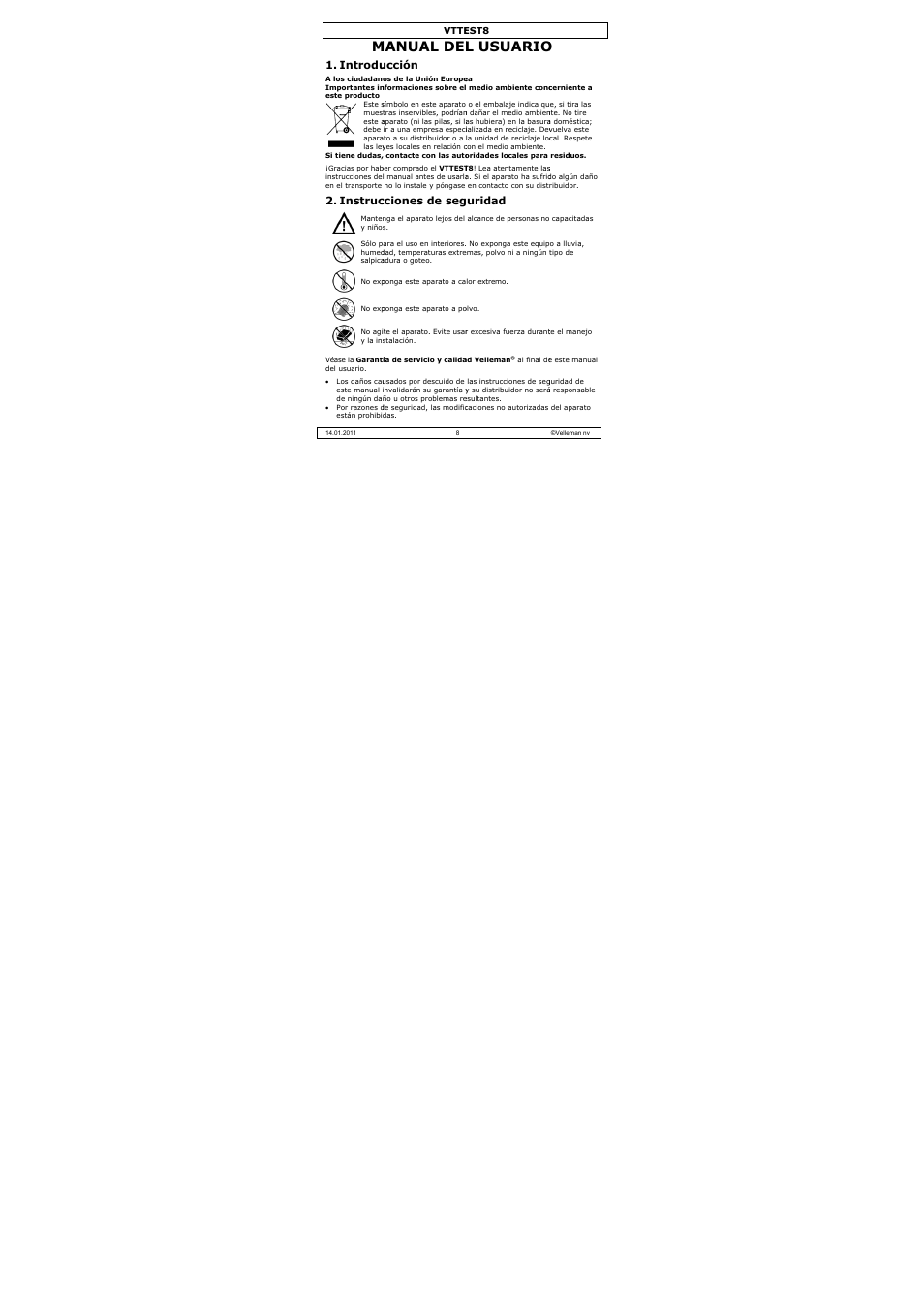 Manual del, L usuario, Introdu | Instruc, Ucción, Cciones de seg, Uridad | Velleman VTTEST8 User Manual | Page 8 / 25