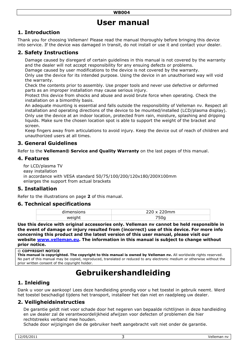 User manual, Gebruikershandleiding | Velleman WB004 User Manual | Page 3 / 10