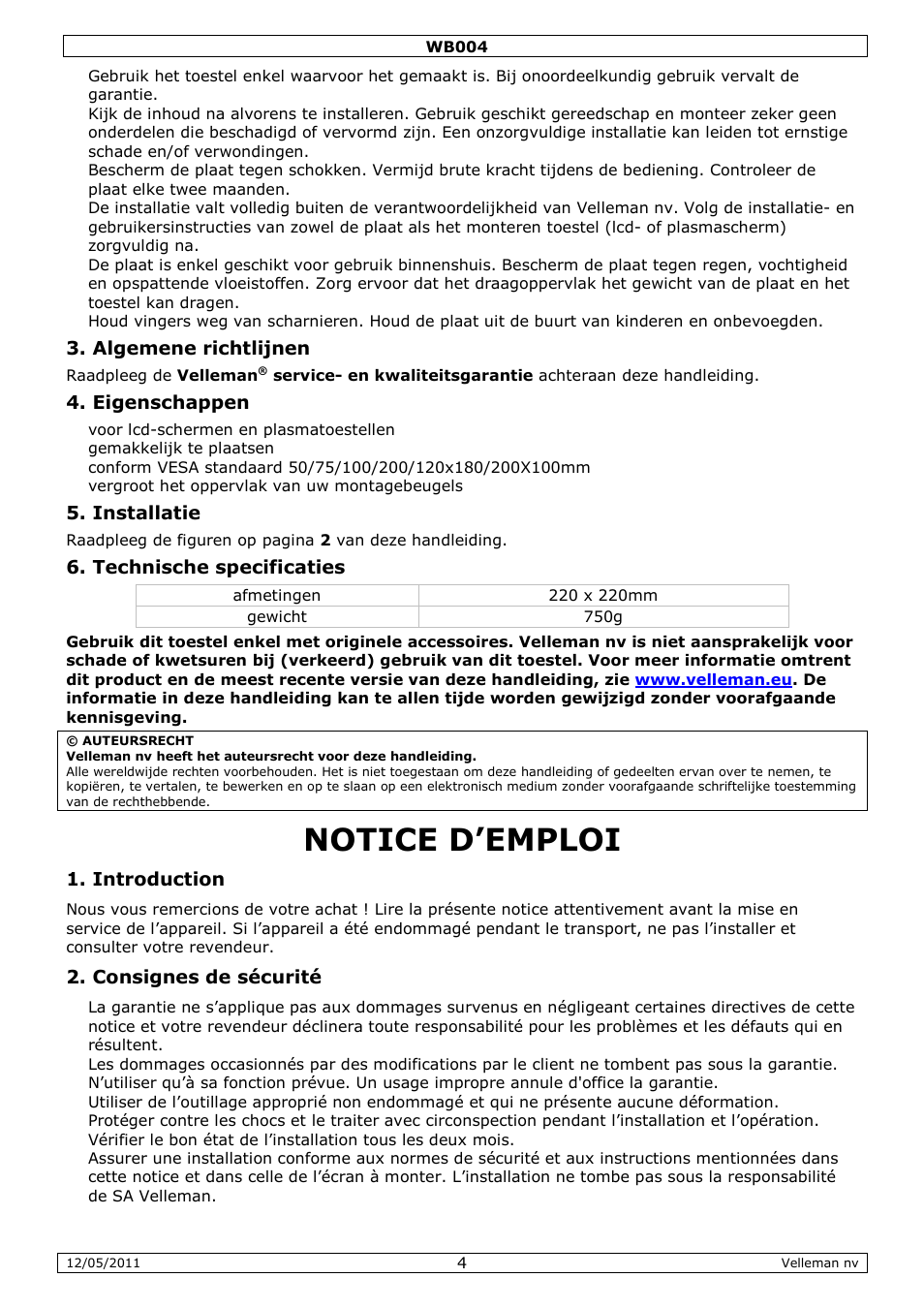 Notice d’emploi | Velleman WB004 User Manual | Page 4 / 10