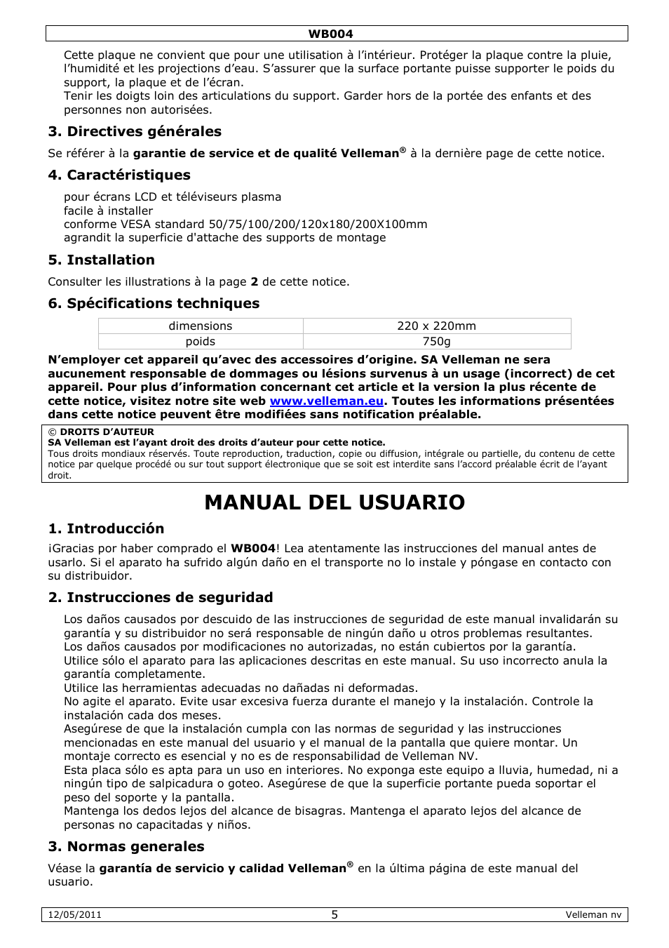 Manual del usuario | Velleman WB004 User Manual | Page 5 / 10