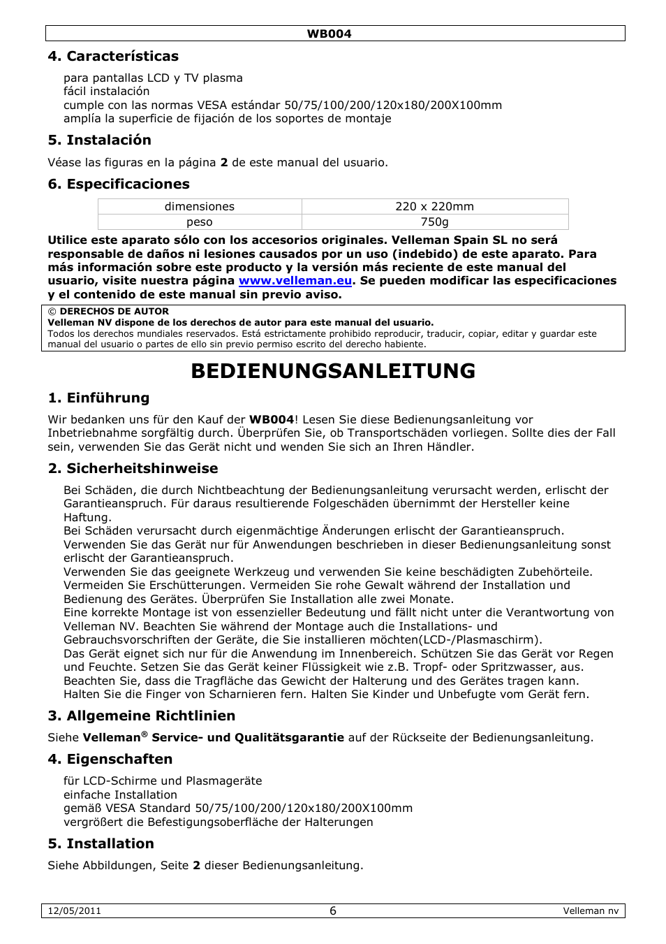 Bedienungsanleitung | Velleman WB004 User Manual | Page 6 / 10