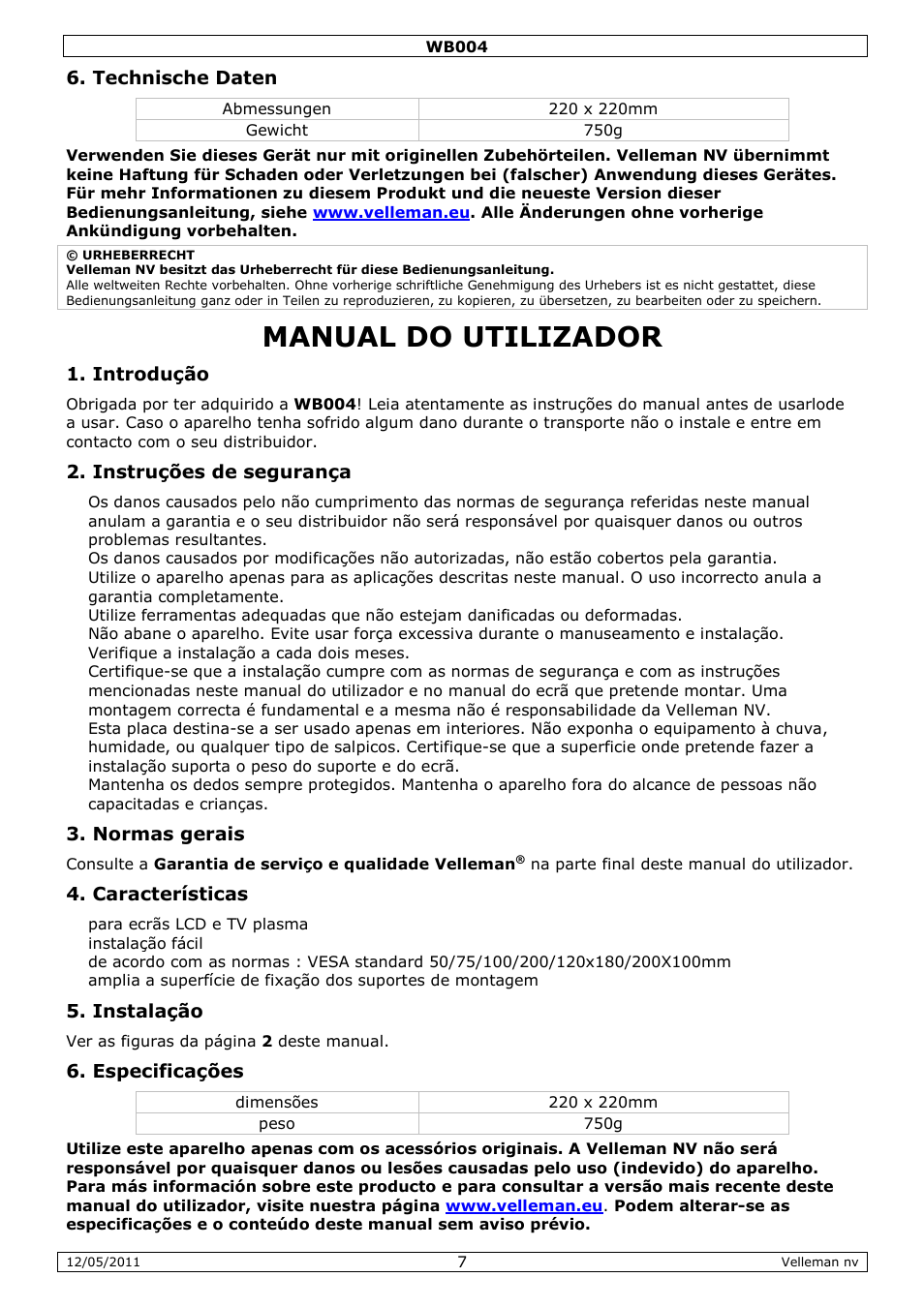 Manual do utilizador | Velleman WB004 User Manual | Page 7 / 10