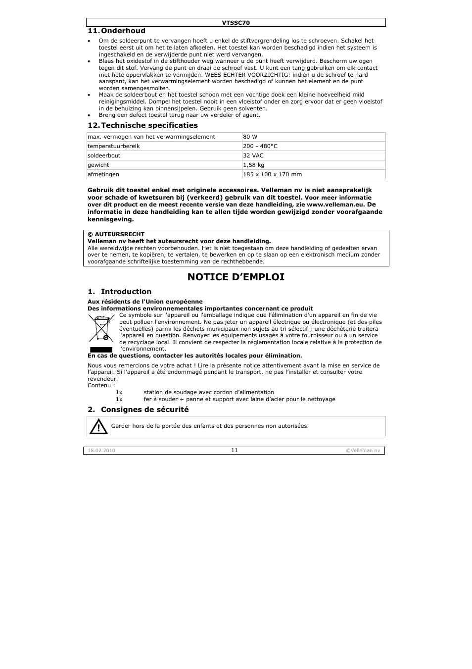 Otice d, Emploi | Velleman VTSSC70 User Manual | Page 11 / 26