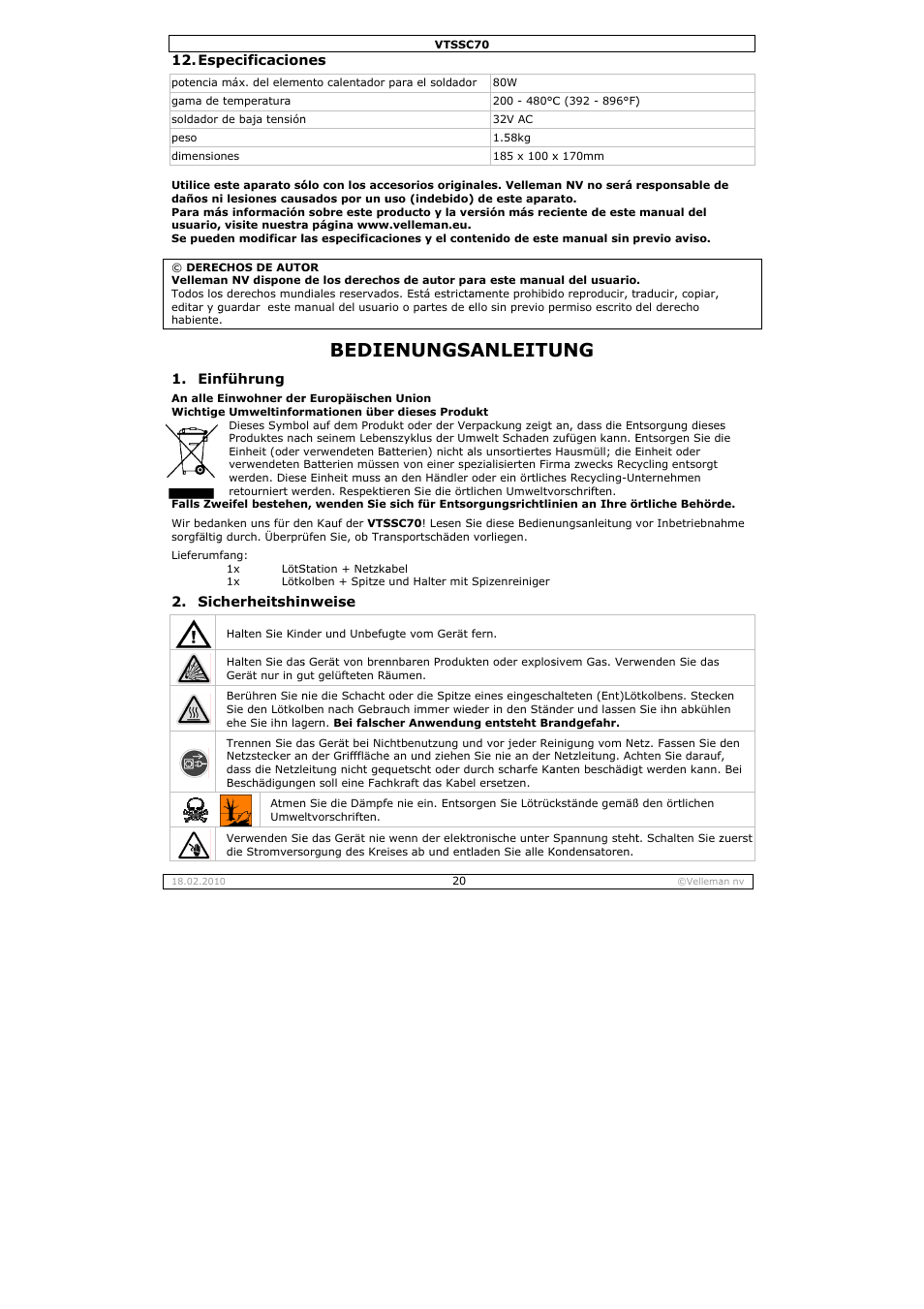 Bedie, Enungs, Anleitu | Velleman VTSSC70 User Manual | Page 20 / 26