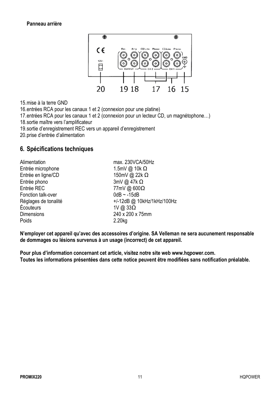 Velleman PROMIX220 User Manual | Page 11 / 12