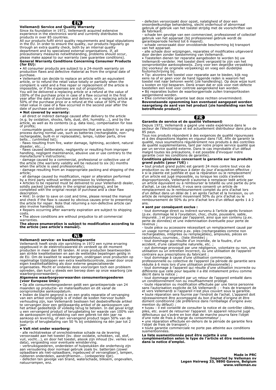 Warranty - garantie | Velleman PROMIX220 User Manual | Page 12 / 12